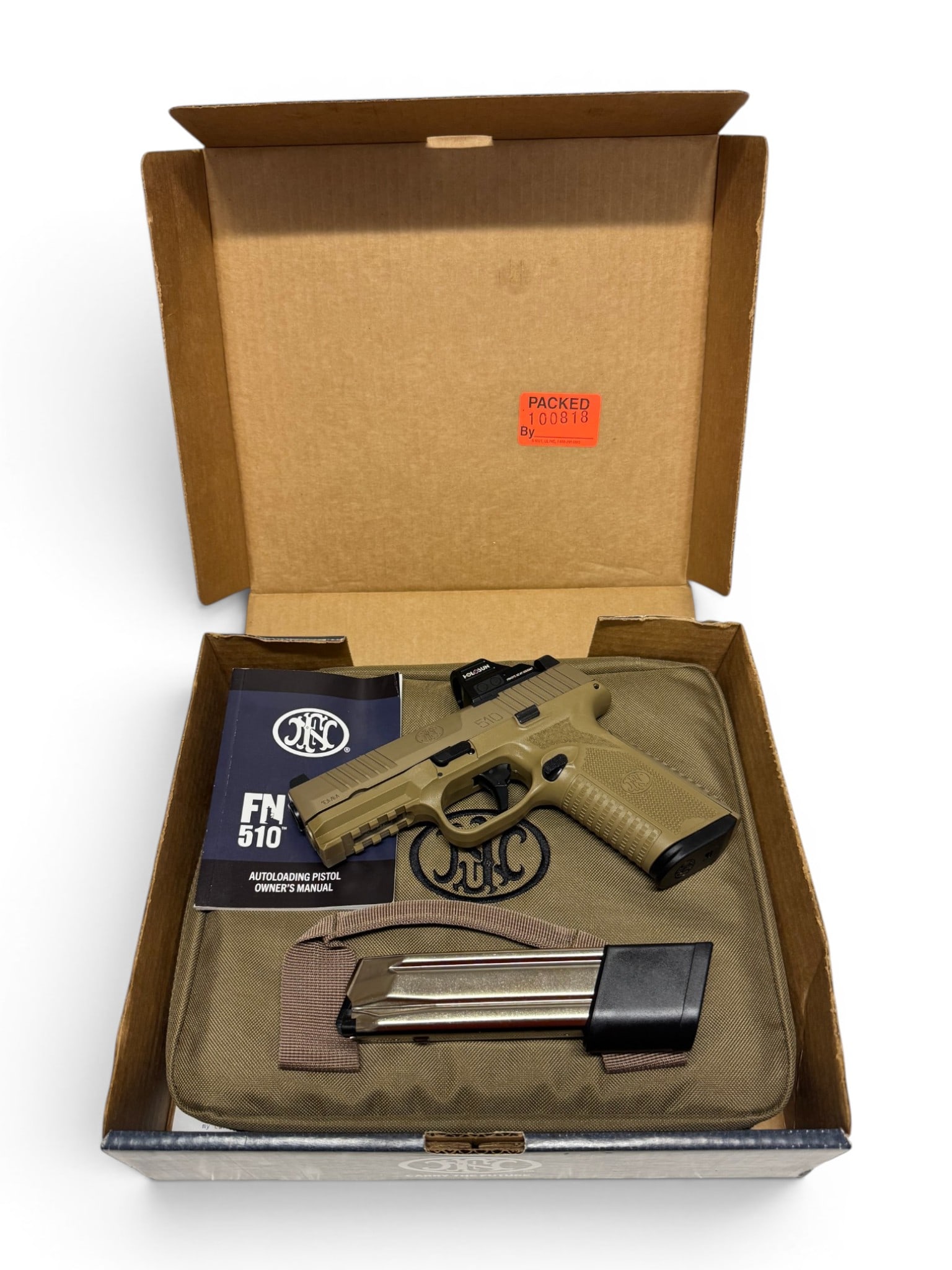 Excellent FN 510 MRD Semi-Automatic 10mm FDE Pistol with Holosun 407C RMR in Original Box: S#: BBP0054759 | 4" Barrel | Comes with (1 ) 15rd. magazine and (1) extended 22rd. magazine | Comes in factory box with matching label, manual and soft case | Features factory installed Holosun HS407C