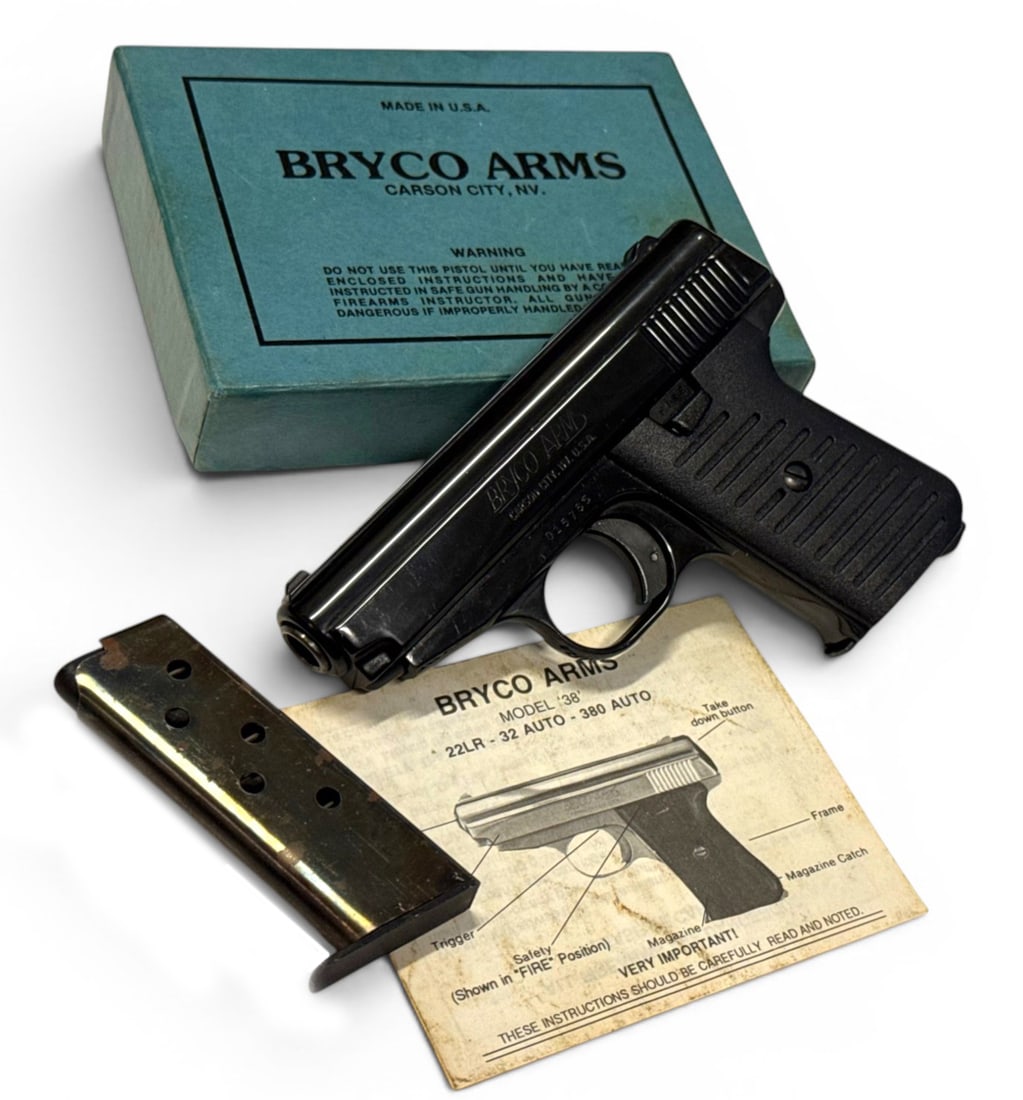 NIB Vintage Bryco Arms Model 38 .380 ACP Semi-Automatic Pistol in Original Box: S#: D15785 | Comes in original box with manual and (2) magazines |||| CONDITION: New in Box. Mechanically functions. Bore is excellent ||||| CLASS: MODERN