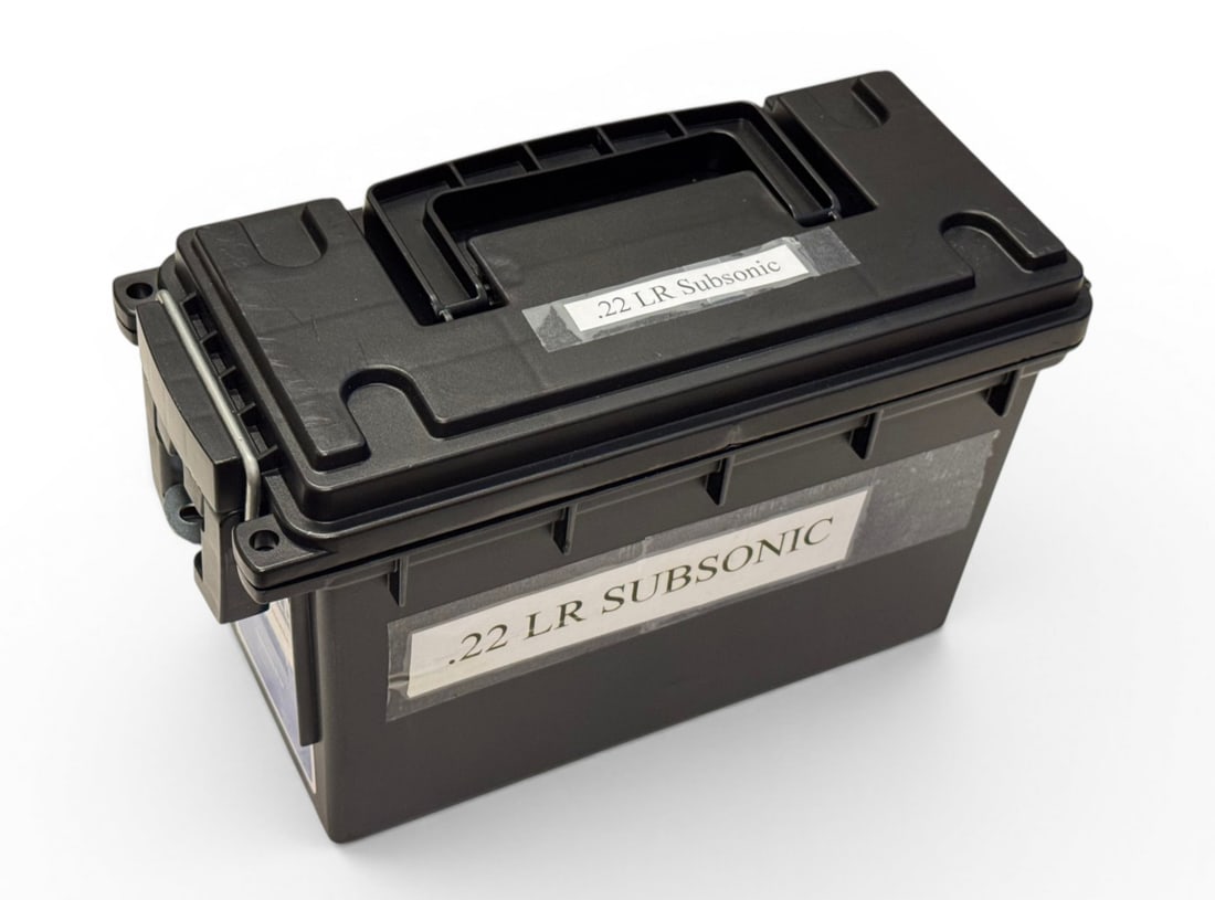 Sheffield Plastic .30 CAL. Ammunition Storage Can: Labled for .22 Supersonic but can be taken off. Good Condition. See photos.