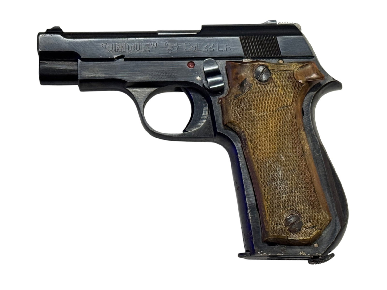 Scarce French Pyreenes "Unique" Model 52 .22 LR Semi-Automatic Pistol: S# 473557 | Comes with (1) Magazine in good condition |||| CONDITION: Good. Overall 90% Original blue finish with surface rust on back and front of grip, and on hammer. Grips show major wear and damag