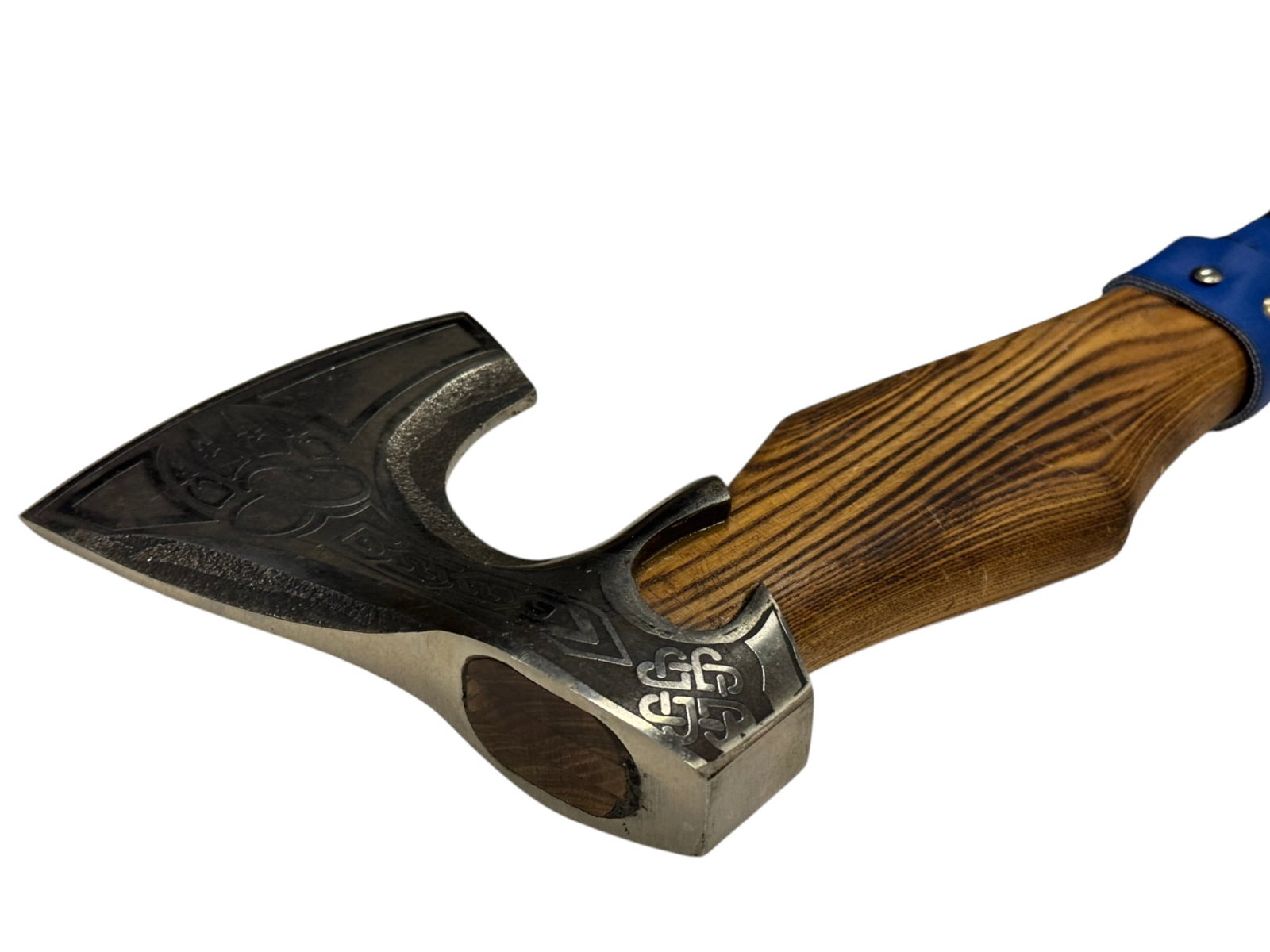 Hand Forged Viking Battle Axe / Hatchet with Black and Blue Leather Grip Cover - 4