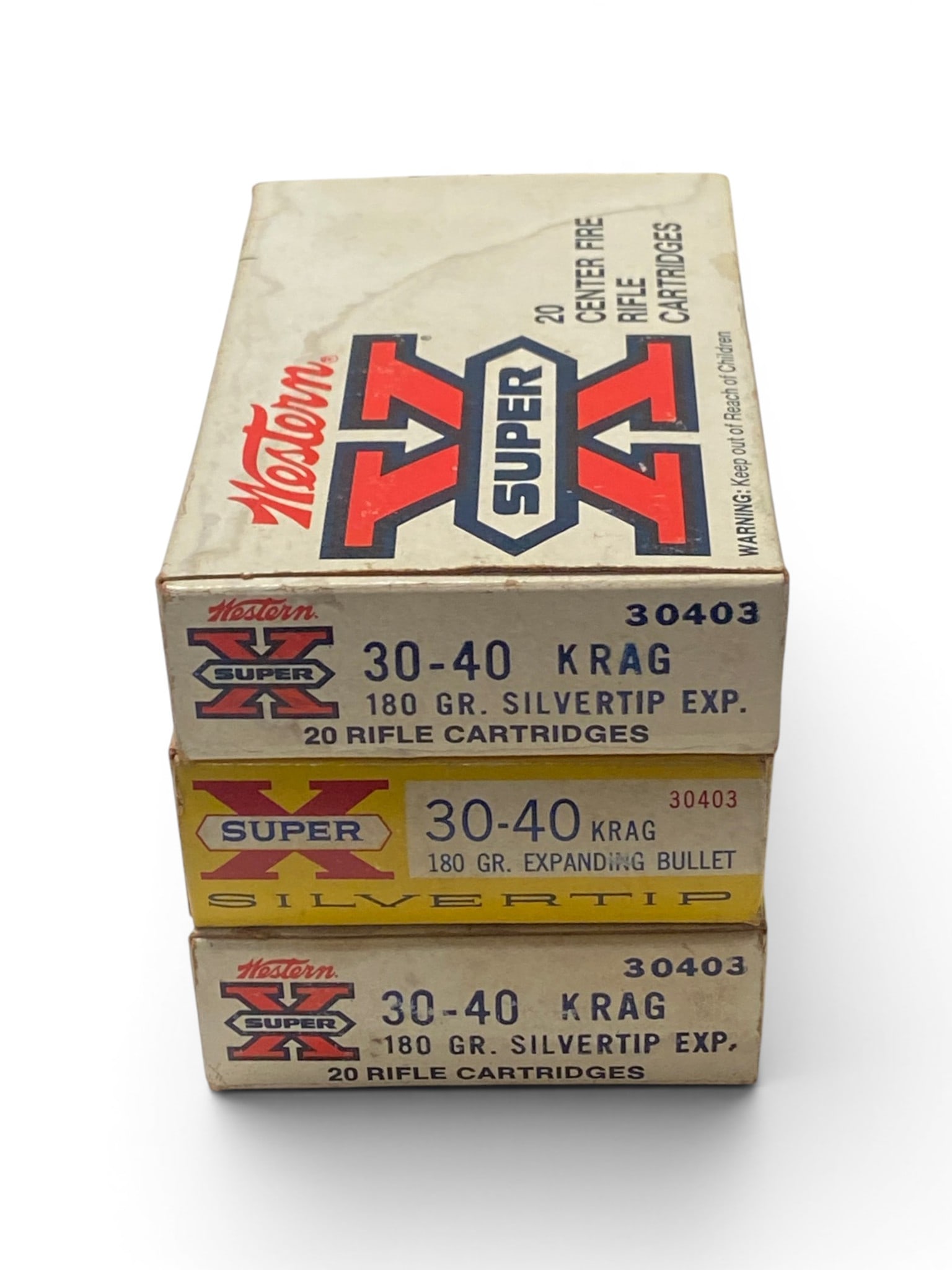 Vintage Collectible 37rds. Of .30-40 KRAG and 14qty .30-40 KRAG Spent Brass: New in box 20rds. Of .30-40 KRAG 180gr. Silver Tip EXP Western Super-X, one box 17rds. Of .30-40 KRAG 180gr. Expanding bullet Super-X silver tip, and 14qty of various brand .30-40 KRAG spent brass