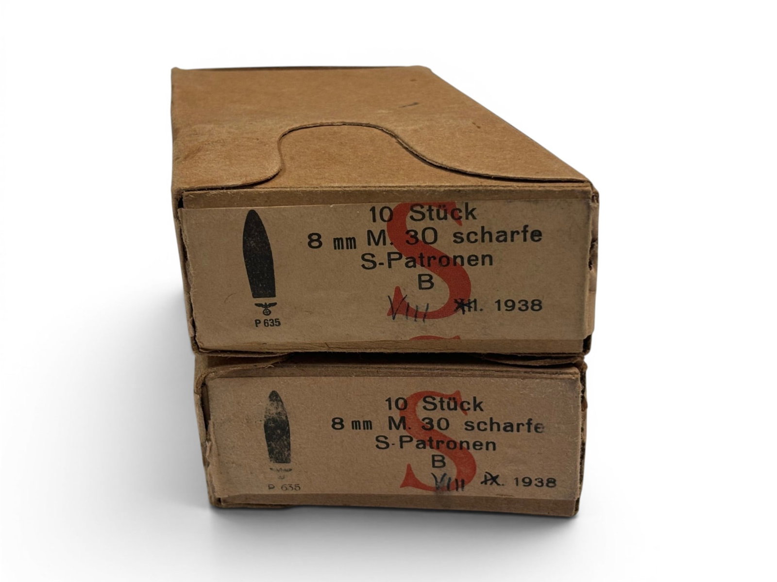 NIB WWII German 1938 20rds. Of 8mm Patronen Stuck Military Surplus Ammunition: Manufactured in 1938 by occupied Austria. They have the correct headstamps and markings including their waffenamts and clips. Ammunition and boxes are in excellent condition. Great shooting or