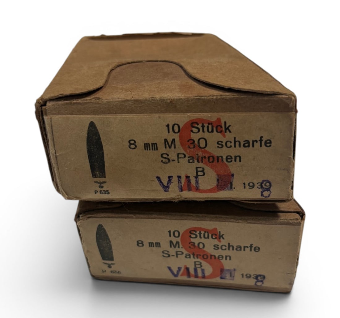 NIB WWII German 1938 20rds. Of 8mm Patronen Stuck Military Surplus Ammunition: Manufactured in 1938 by occupied Austria. They have the correct headstamps and markings including their waffenamts and clips. Ammunition and boxes are in excellent condition. Great shooting or