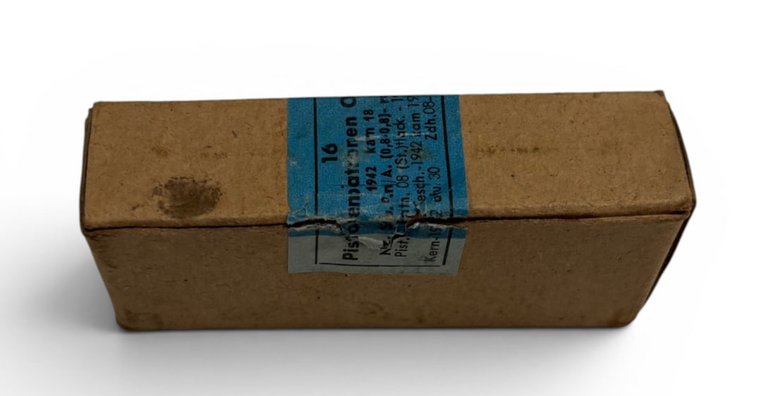 16rds. of Original German WWII 1942 9mm Luger Collectible Ammunition: Highly collectible German 9mm Ammunition manufactured during wartime of 1942 for the P38 and Luger P08 Pistol.