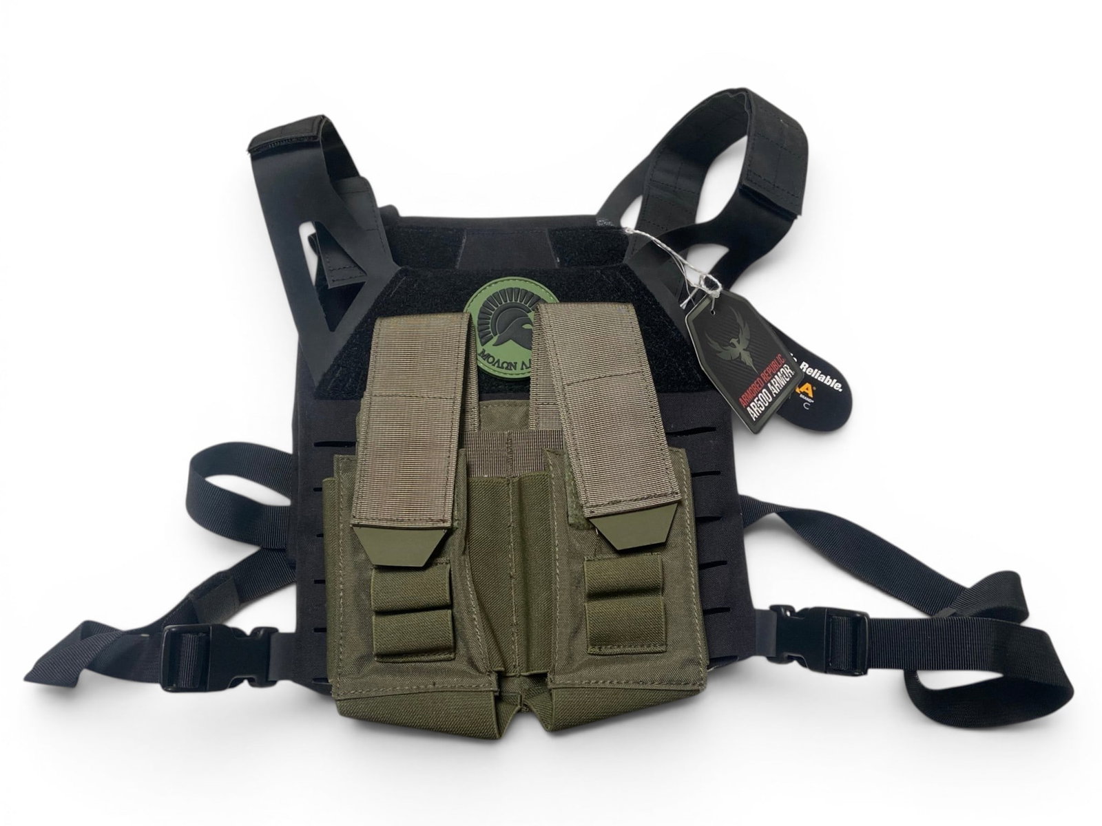 AR500 Miniature Plate Carrier with 9x9 Level 3 Armor Plates: (2) AR500 level 3 body armor 9x9 multi-curve base coat steel plates. Features double magazine pouch in OD green and black AR500 plate carrier. Plate carrier measures 9-1/2"x9-1/2"