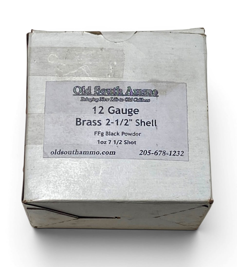 NIB 25rds. of 12 GA. BRASS CASE 2-1/2" Shell 1 oz. 7-1/2 Shot FFG Blackpowder Shotgun Ammunition: See photo