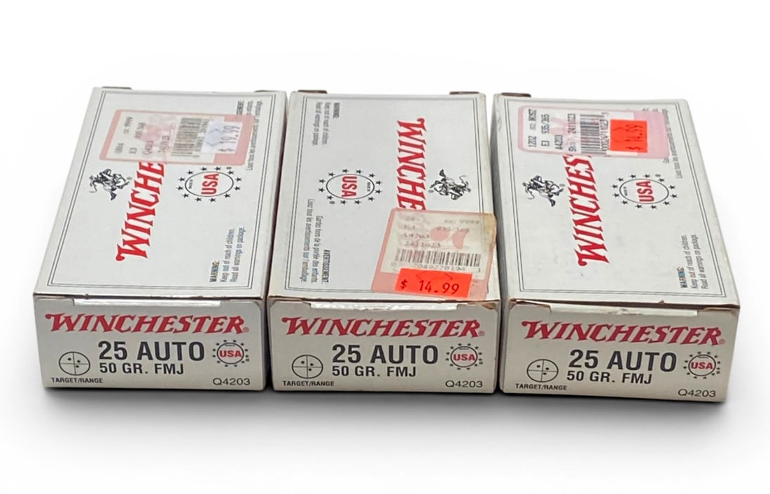 NIB 150rds. of .25 AUTO 50gr. FMJ Winchester Ammunition: See photos