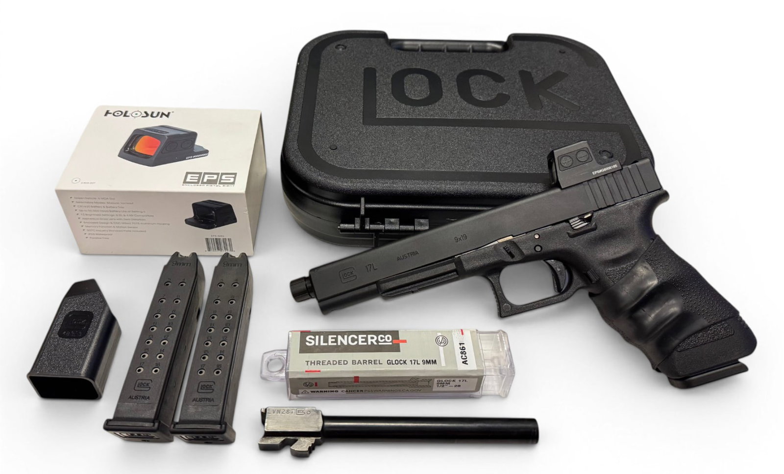 Excellent Glock 17L Gen 3 9mm Pistol with Ported Slide, Threaded Barrel, and Holosun Optic in Box: S#: LVN287 | I’ll start by saying what a cool pistol this is. It’s so unique looking and one of the best looking Glocks they’ve ever released. Known already for its accuracy this