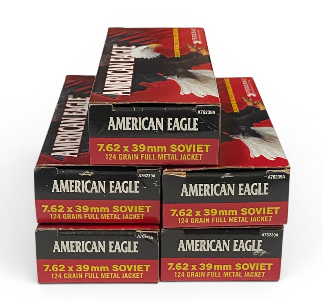 NIB 100rds. of 7.62x39 Brass 124gr. FMJ Federal American Eagle Brass Ammunition: See Photo(s)