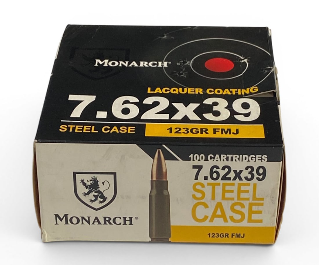 NIB 100rds. of 7.62x39 123gr. FMJ Monarch Lacquer Coated Steel Case Ammunition: See Photo(s)