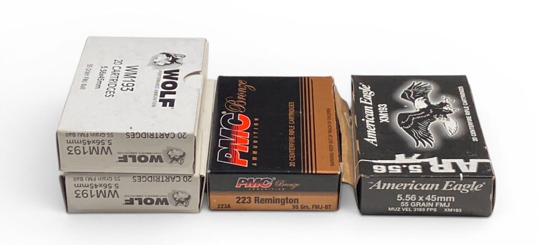 NIB 80rds. of 5.56mm NATO / .223 REM. 55gr. FMJ Brass Ammunition: (20) Federal 5.56mm NATO, (40) WOLF 5.56mm NATO, (20) PMC .223 REM.