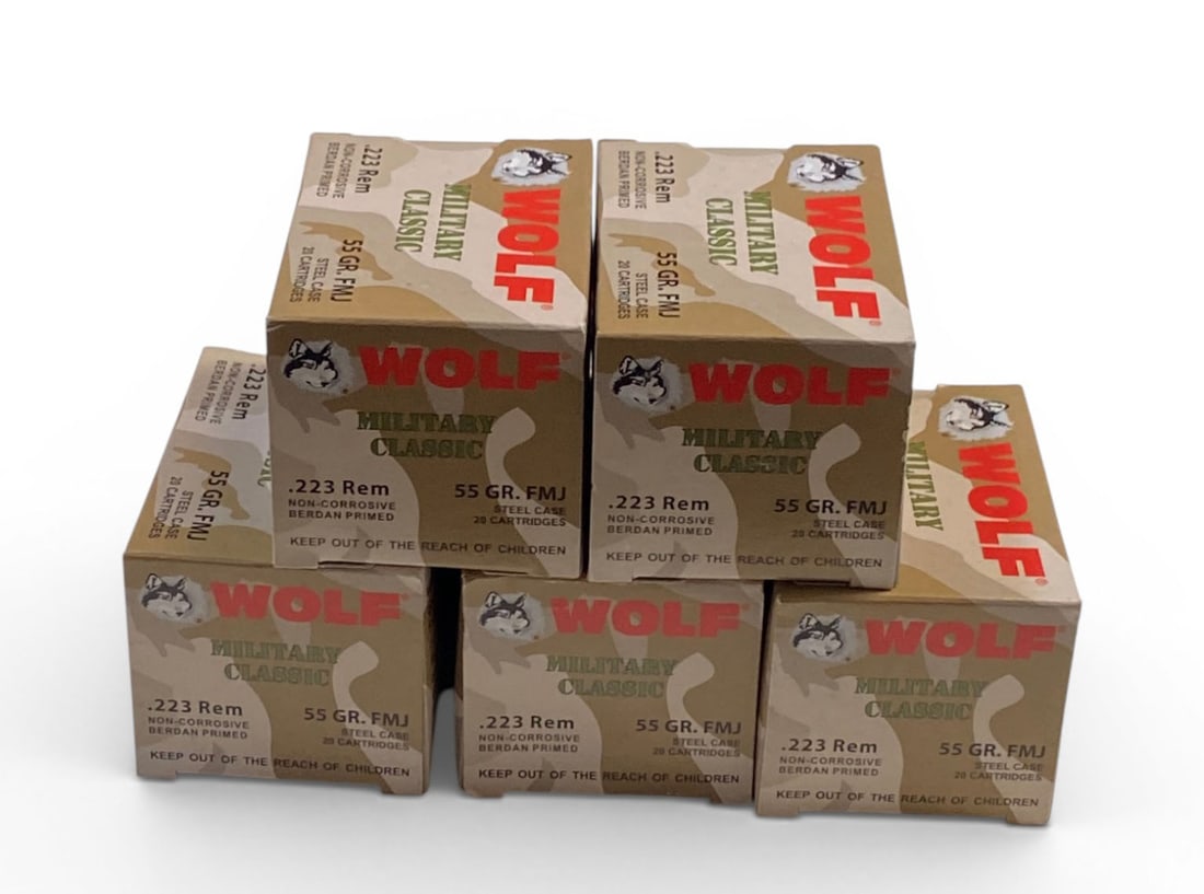 NIB 100rds. of .223 REM. 55gr. FMJ WOLF Military Classic Steel Case Ammunition: See Photo(s)