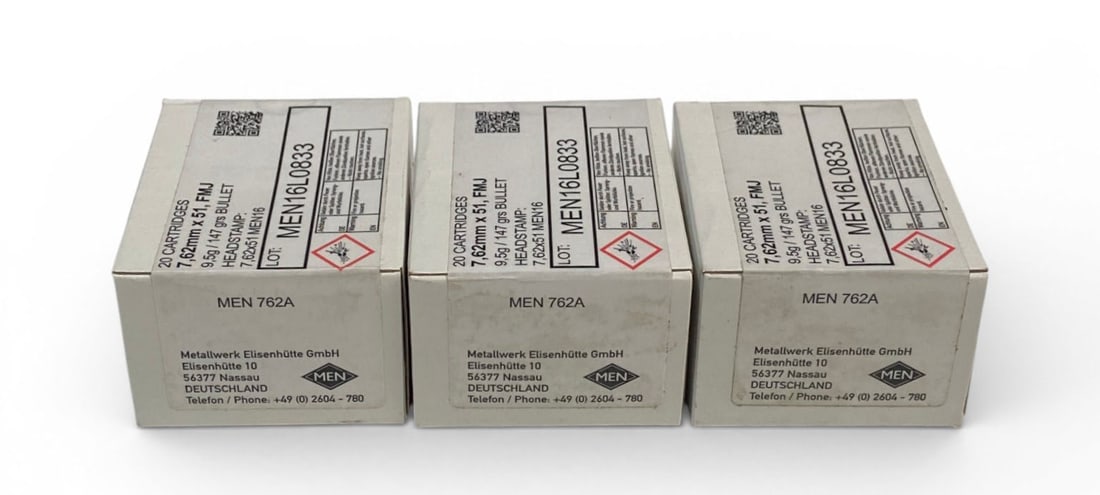 NIB 60rds. of 7.62x51mm (.308 WIN.) 147gr. FMJ MEN Quality Brass German Ammunition (1 of 1)