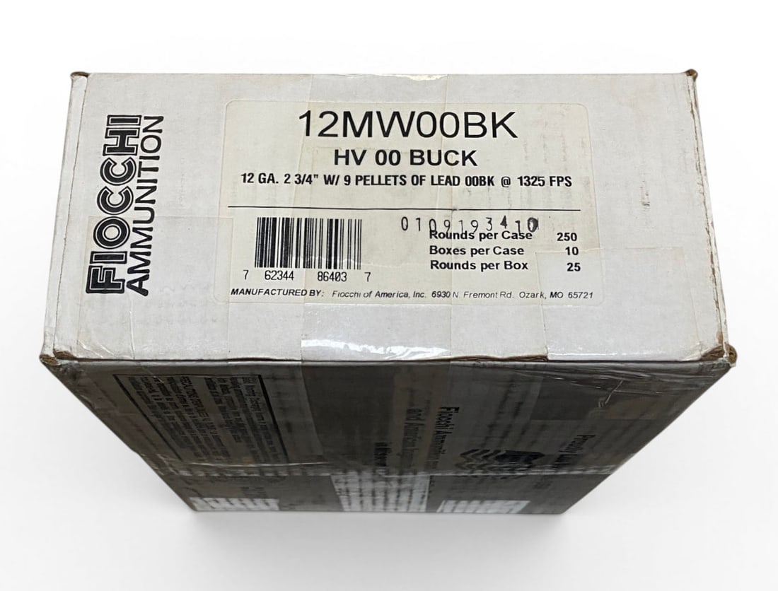 NIB 250rd. Case of 12 GA. 00 BUCK 2-3/4” 9 Pellet Fiocchi Personal Defense Buckshot Ammunition: See Photo(s)
