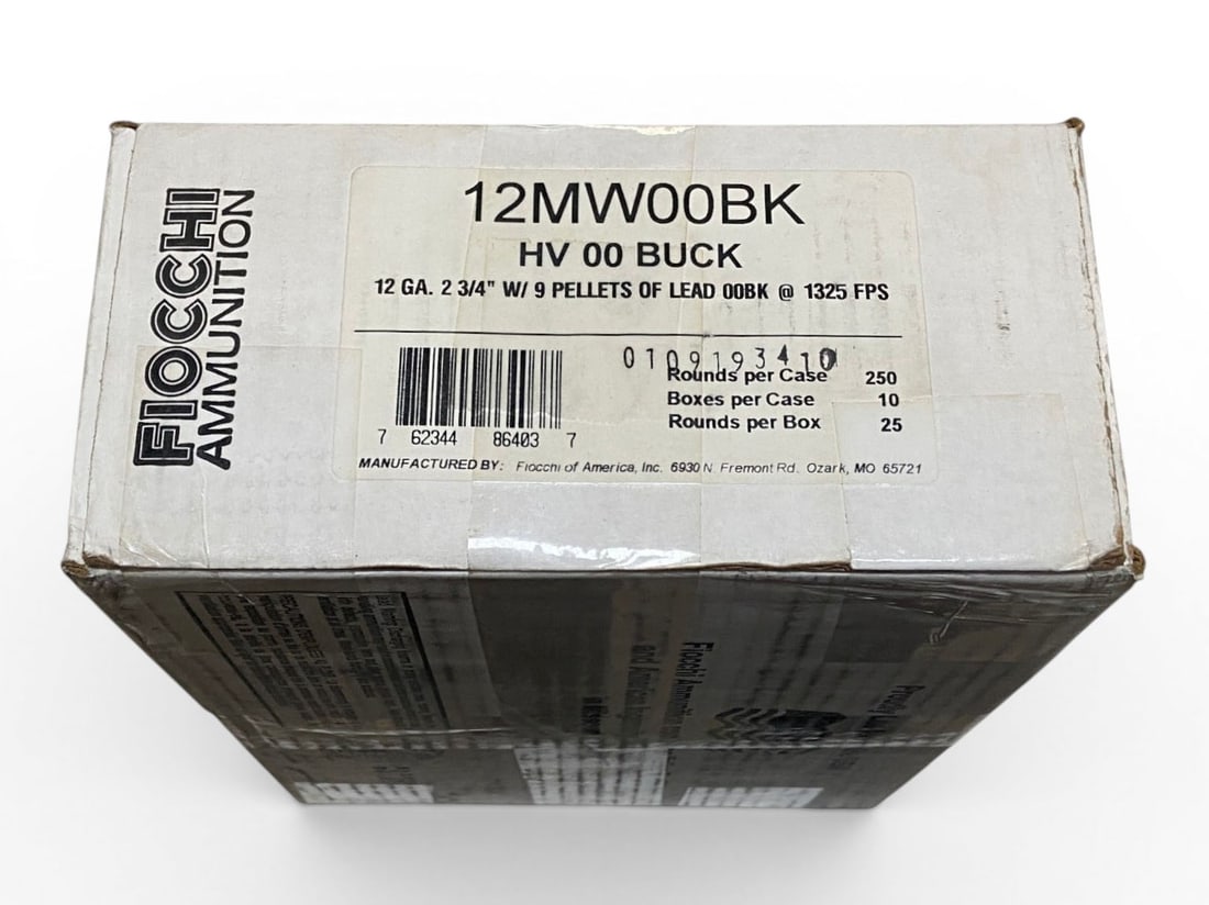 NIB 250rd. Case of 12 GA. 00 BUCK 2-3/4” 9 Pellet Fiocchi Personal Defense Buckshot Ammunition: See Photo(s)
