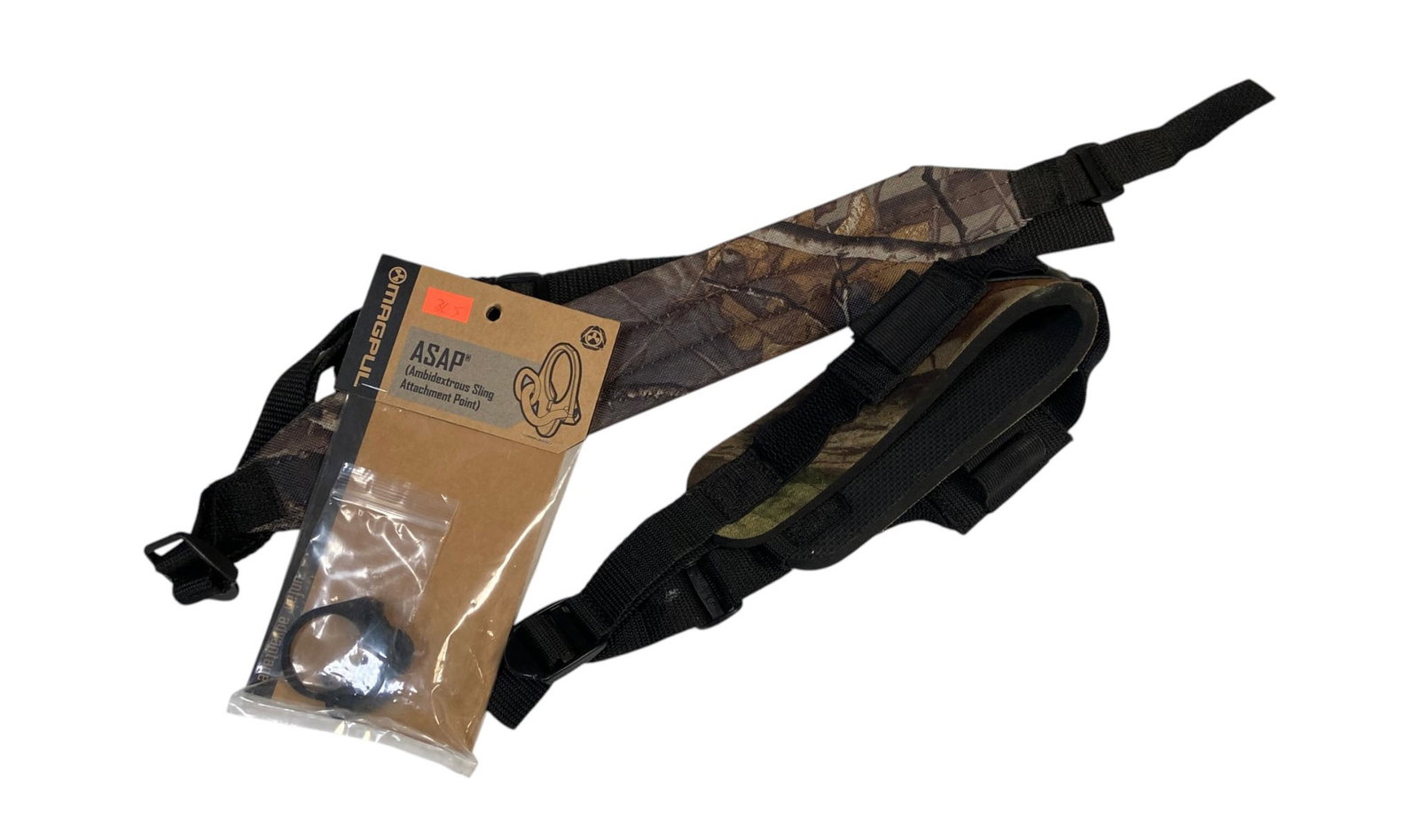 (2) Camo Sling Pieces and (1) NIB Magpul Ambidextrous Sling Attachment Point (ASAP): See photos