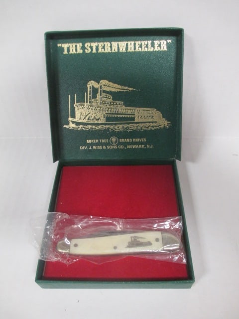 Boker Tree Brand "The Sternwheeler" Limited Edition Collector's Item in Original Box: 3 folding blade knife with mother of pearl handle, marked #14215 280 LTD 1975