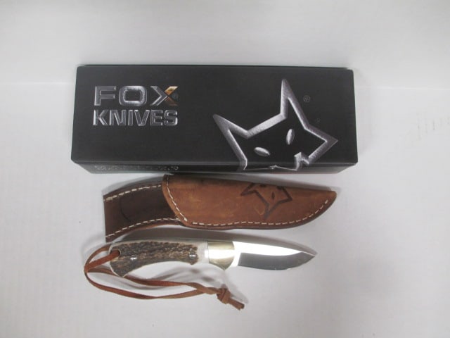 Fox Knives Stag Handle Fixed Blade Knife with Leather Sheath in Original Box: box marked #596CE Fox Vintage Limited Edition Real Stag Handle, 3" blade
