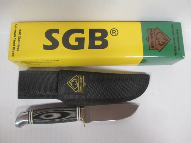 Gmbh Solingen Puma Knife Co. SGB Fixed Blade Knife in Canvas Sheath in Original Box: Simulated wood handle, model 6541000 SGB Wolverine