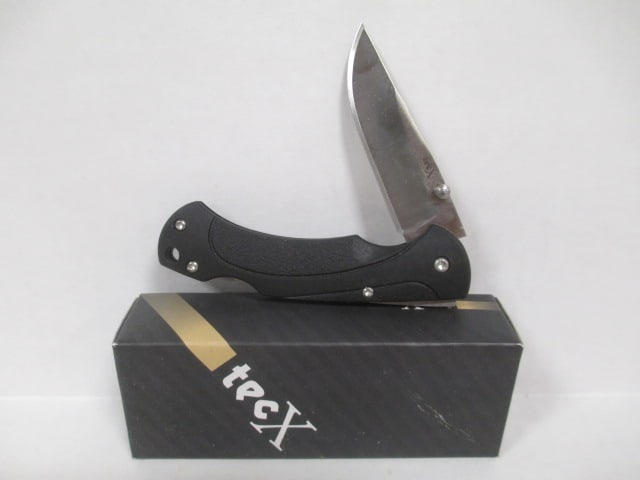 New In Box tecX Model T009375 Thumb Stud Folding Blade Knife with Belt Clip: tecX is distributed by W.R. Case & Sons Cutlery Item #75700