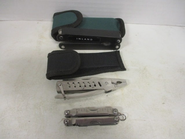Three Multi-tool Utility Knives: Two have canvas sheaths