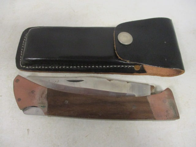 Pakistan Wood Handle Folding Lock Blade Knife in Leather Sheath (1 of 6)