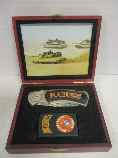 "Marines" Collector's Folding Blade Knife and Lighter Set in Wood Presentation Box: .