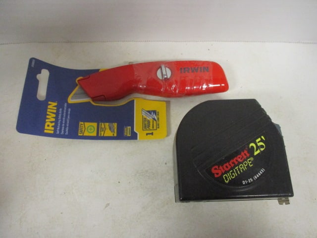 Starrett Digitape 25' Tape Measure and New Irwin Self-Retracting Safety Utility Knife: .