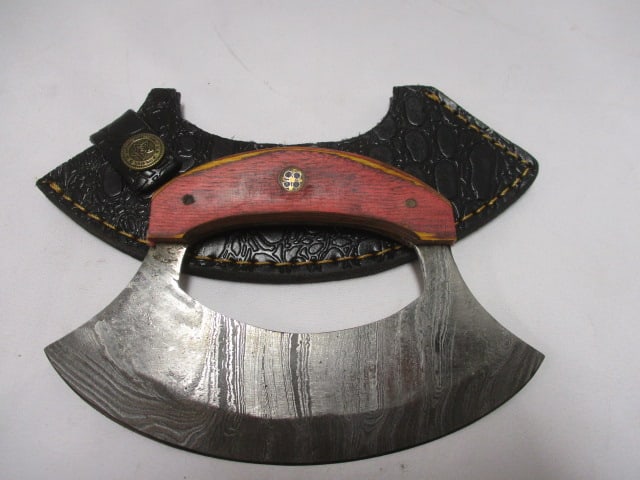 Damascus 6" Blade ULU Alaskan Cutting Knife with Leather Sheath: .