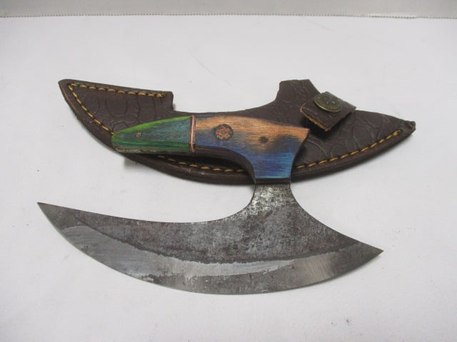Damascus 6 1/2" Blade ULU Alaskan Cutting Knife with Leather Sheath: .
