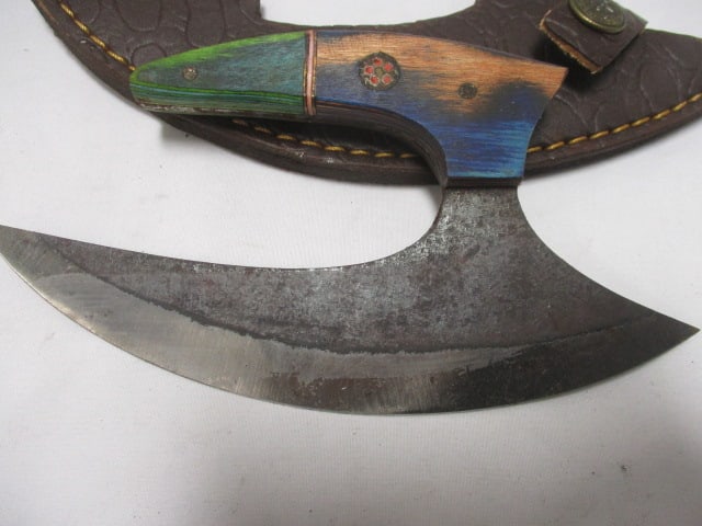 Damascus 6 1/2" Blade ULU Alaskan Cutting Knife with Leather Sheath - 2