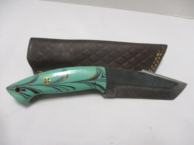 Damascus Railroad Bull Nose Knife with Leather Sheath: 8" Long- 4" Blade