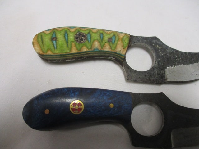 Two Damascus Short Skinner Fixed Knife with Leather Sheath - 3