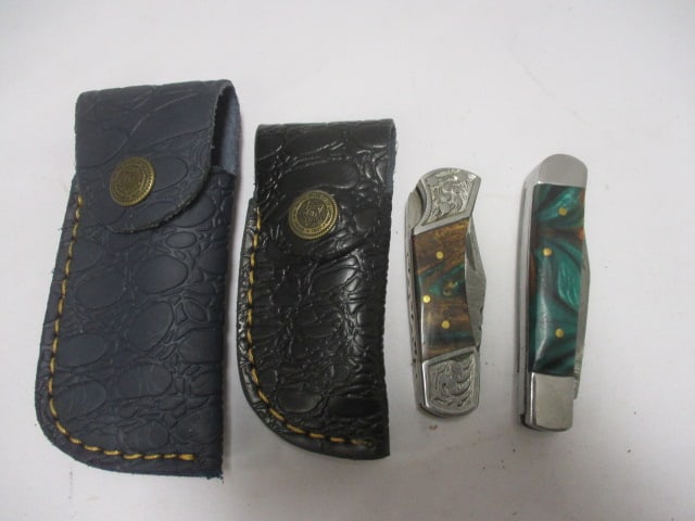 Two Damascus Pocket Folding Knives with Leather Sheaths (1 of 8)