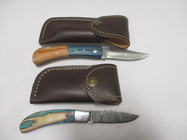 Two Damascus Pocket Folding Knives with Leather Sheaths: 6" & 7" Long