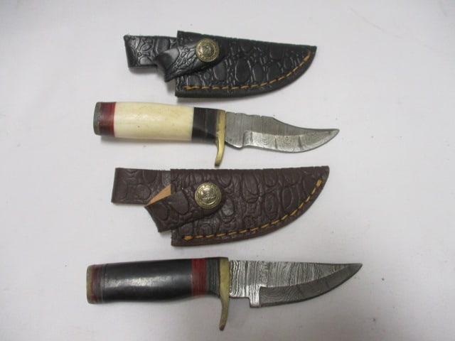 Two Damascus Short Skinner Fixed Knife with Leather Sheath: 6" Long