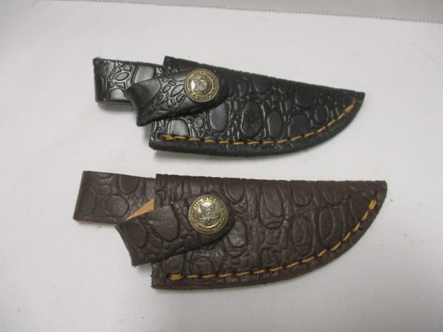 Two Damascus Short Skinner Fixed Knife with Leather Sheath - 7
