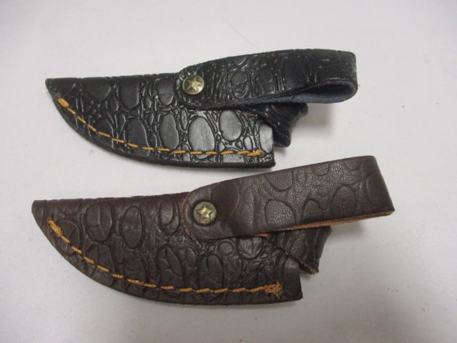 Two Damascus Short Skinner Fixed Knife with Leather Sheath - 8