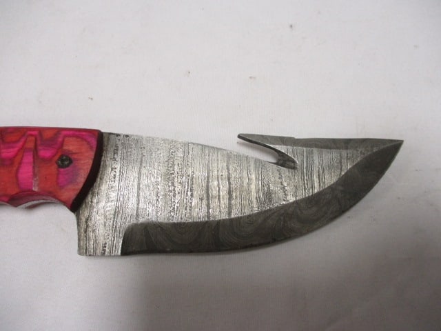 Damascus Gut Hook Knife with Leather Sheath - 2