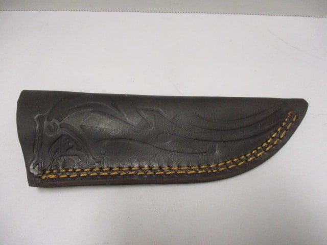 Damascus Gut Hook Knife with Leather Sheath - 6