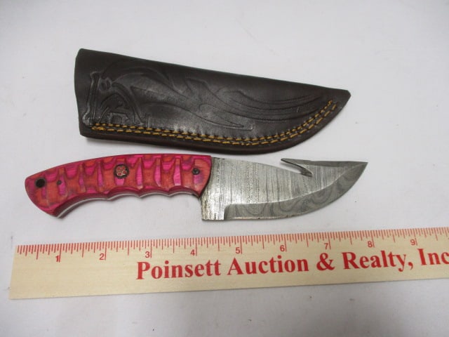 Damascus Gut Hook Knife with Leather Sheath - 8