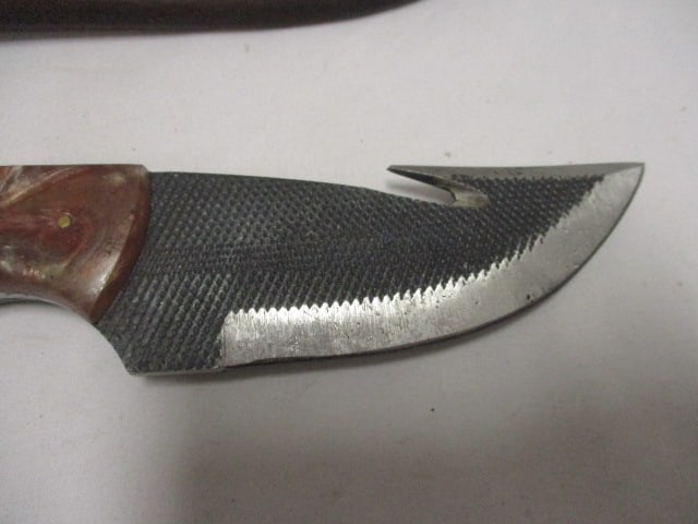 Damascus Gut Hook Knife with Leather Sheath - 2