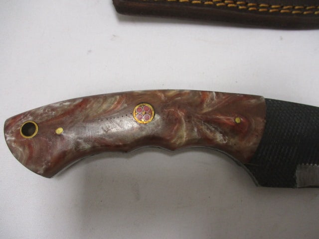 Damascus Gut Hook Knife with Leather Sheath - 3