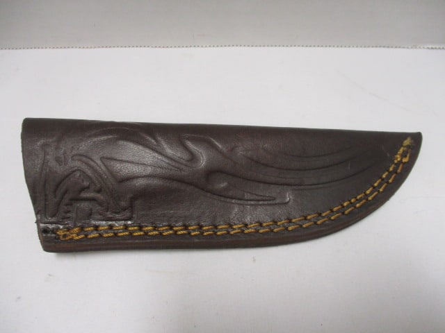 Damascus Gut Hook Knife with Leather Sheath - 6