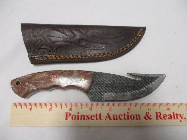 Damascus Gut Hook Knife with Leather Sheath - 8
