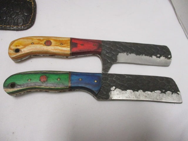 Two Damascus Bull Nose Knife with Leather Sheath - 2