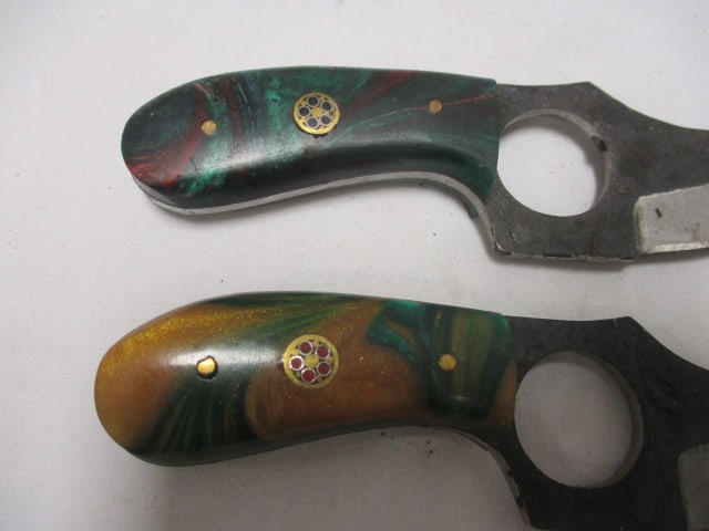 Two Damascus Short Skinner Fixed Knife with Leather Sheath - 3