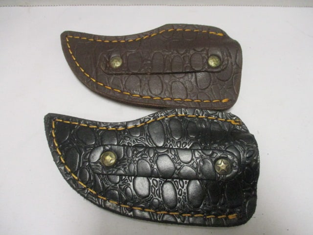 Two Damascus Short Skinner Fixed Knife with Leather Sheath - 7