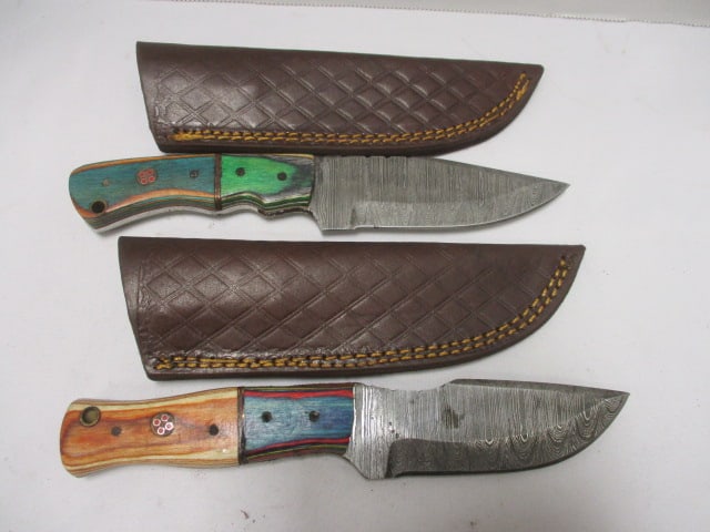 Two Damascus Fixed Hunting Knife with Leather Sheath (1 of 5)